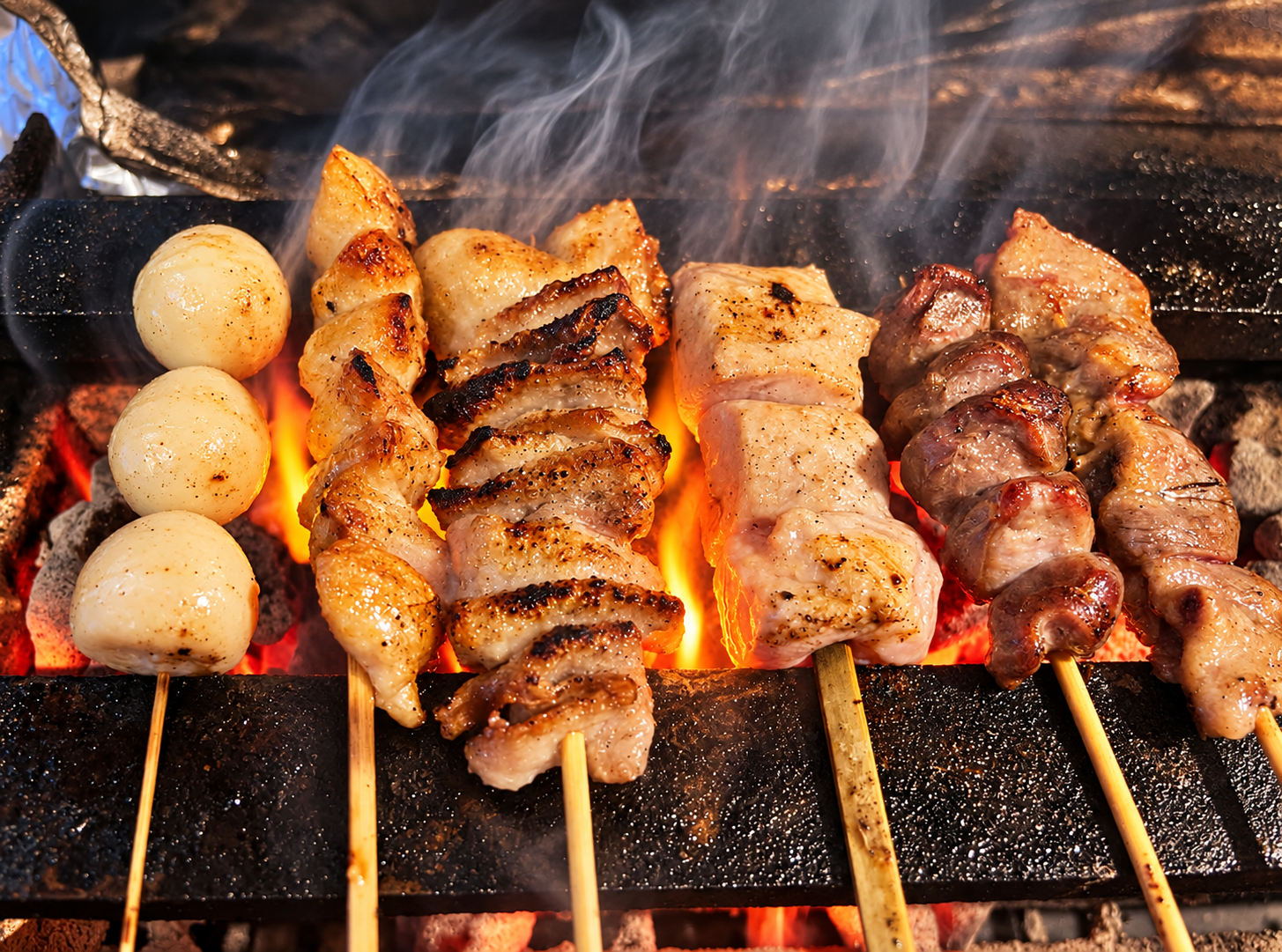 備長炭の火と煙で焼き上げる牡丹の串焼き